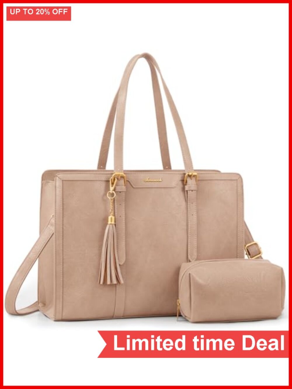 Vintage Faux Leather Laptop Tote Bag for Women Work Travel with Clutch Purse